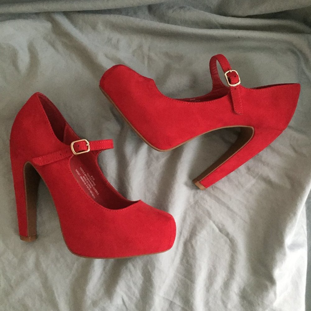 Cherry Red faux suede platform heels size 6.5